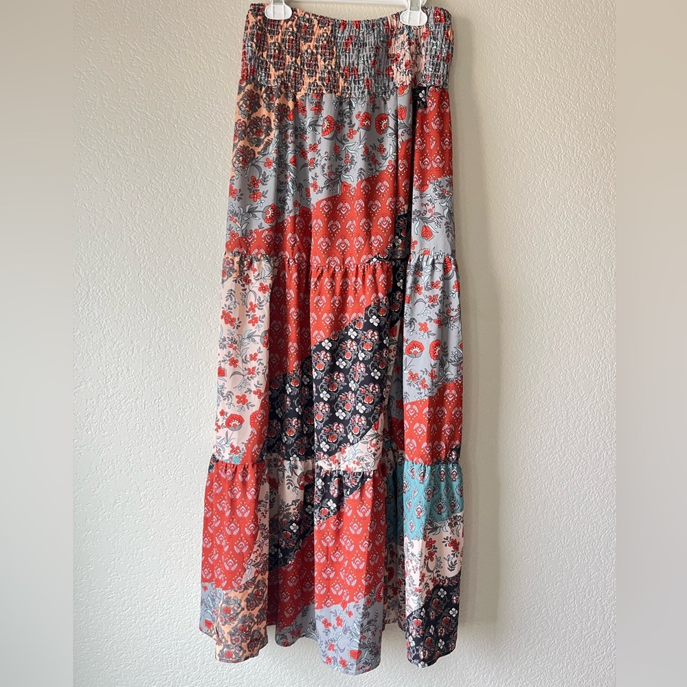 Boho Patchwork Maxi Skirt in Red Floral